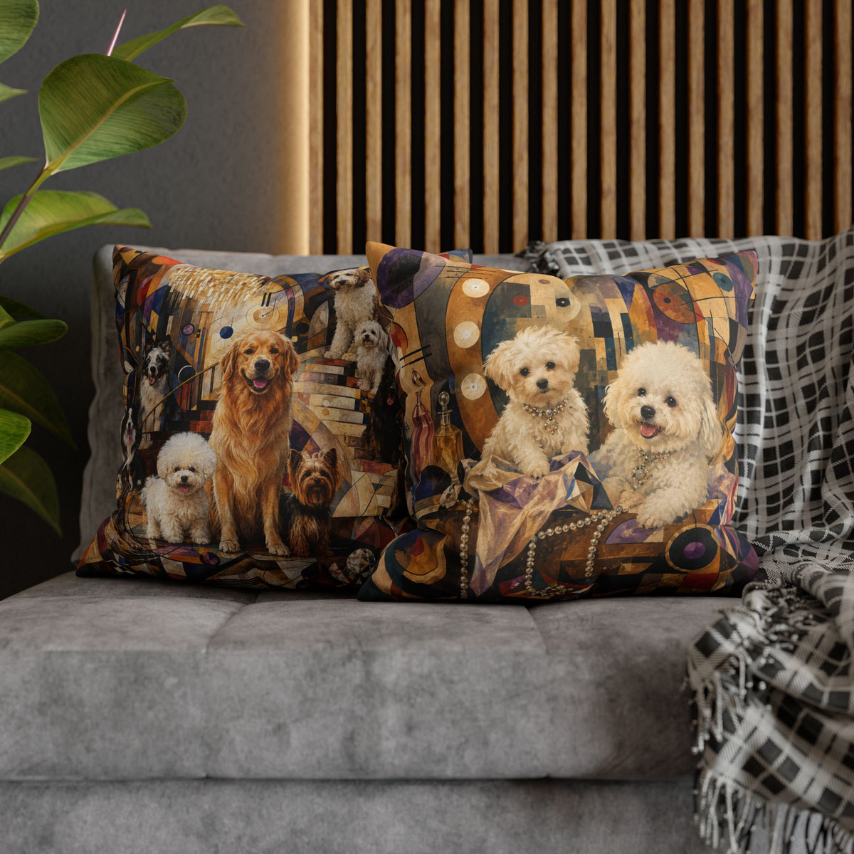 Decorative Pillowcase — Playful Bichon Frise Dogs on Colorful Abstract Background