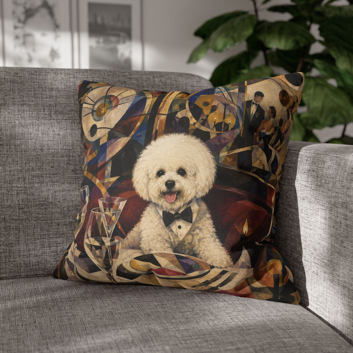 Bichon Frise Art Pillowcase - Retro Cocktail Party Decorative Throw Pillow Cover