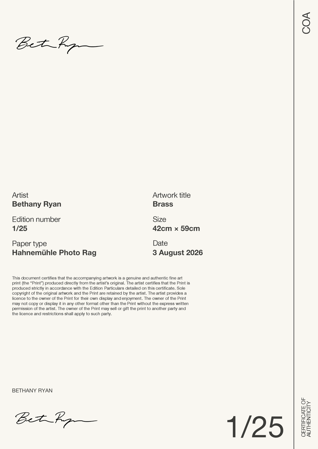 Brass — Certificate of Authenticity