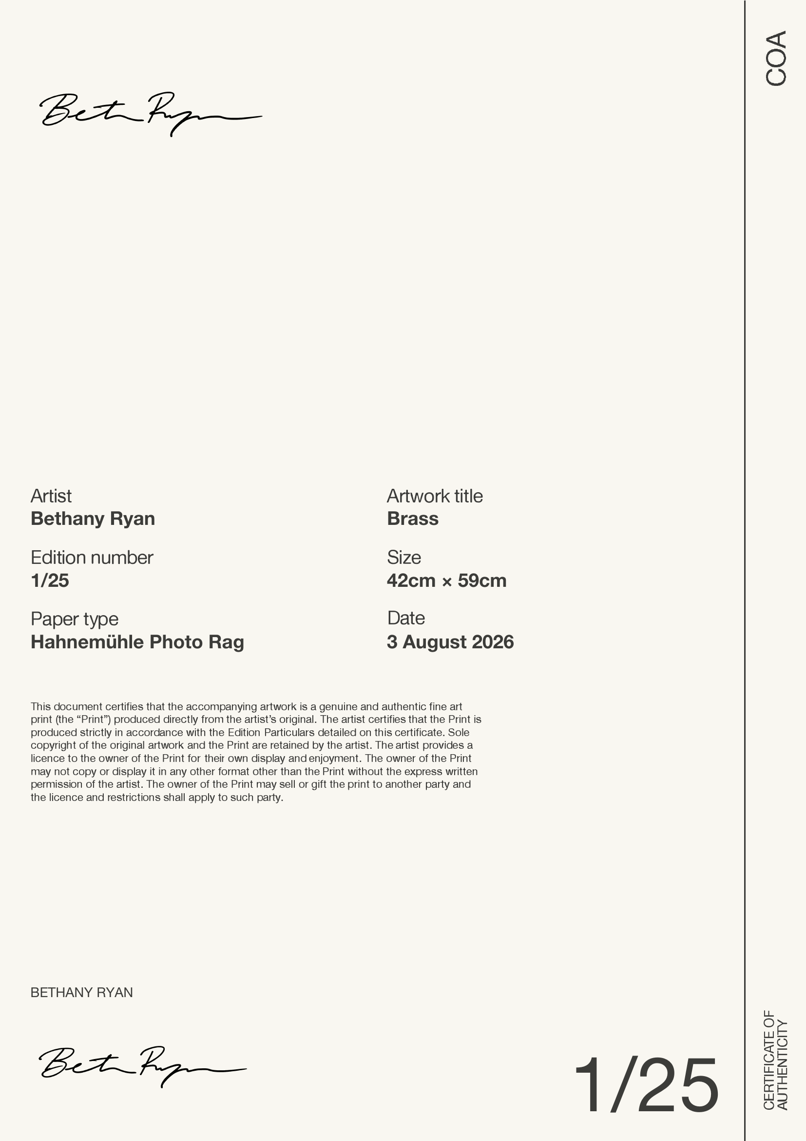 Brass — Certificate of Authenticity