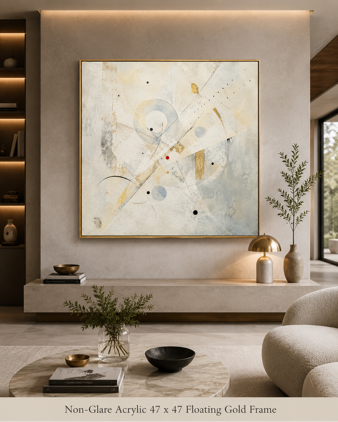 Abstract floating acrylic wall art in a gold frame, displayed in a modern living room setting. The artwork features light blue, beige, and gold geometric patterns on a textured off-white background.