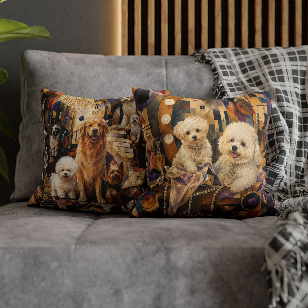 Decorative Pillowcase — Playful Bichon Frise Dogs on Colorful Abstract Background