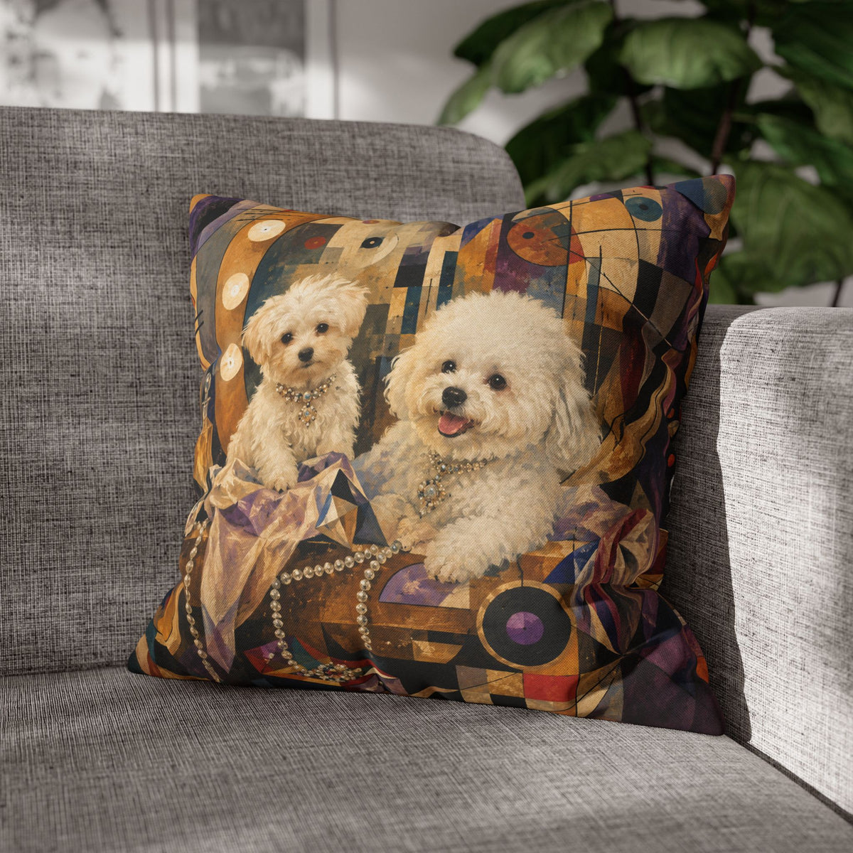 Decorative Pillowcase — Playful Bichon Frise Dogs on Colorful Abstract Background