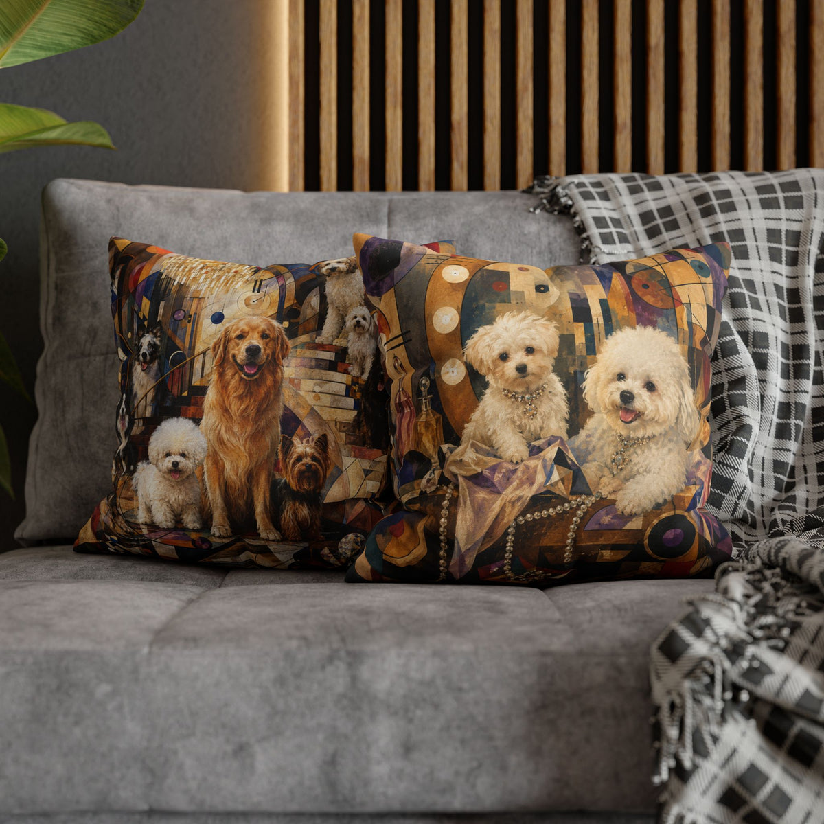 Decorative Pillowcase — Playful Bichon Frise Dogs on Colorful Abstract Background