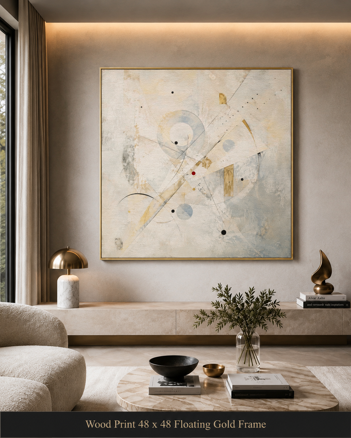 Abstract wall art print in a wood floating gold frame, displayed in a modern living room setting with a beige sofa, wooden console, and decorative lamps.
