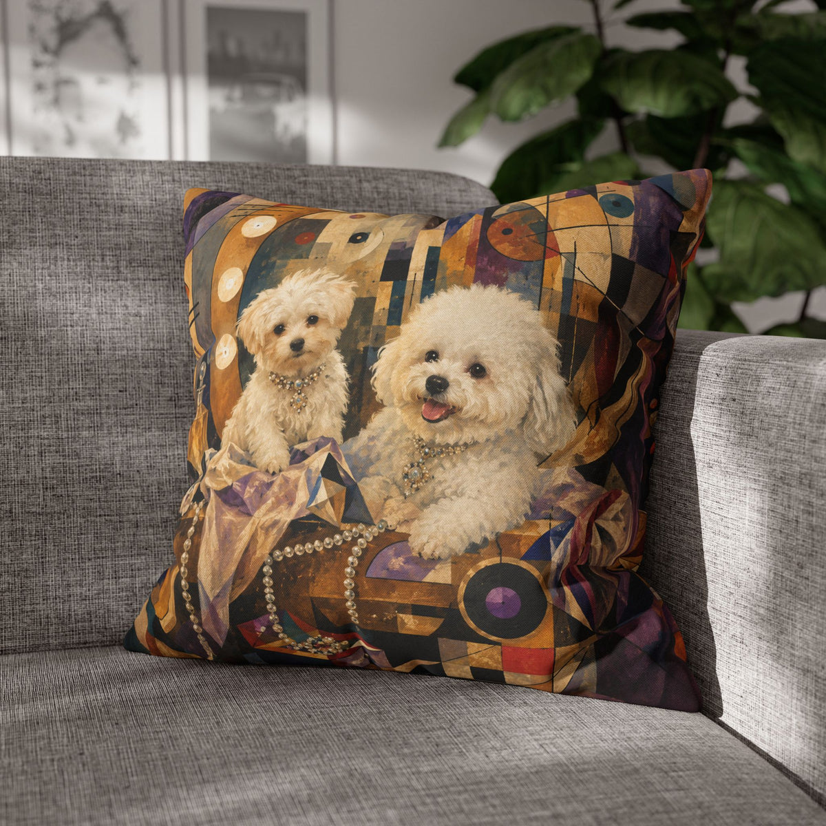 Decorative Pillowcase — Playful Bichon Frise Dogs on Colorful Abstract Background
