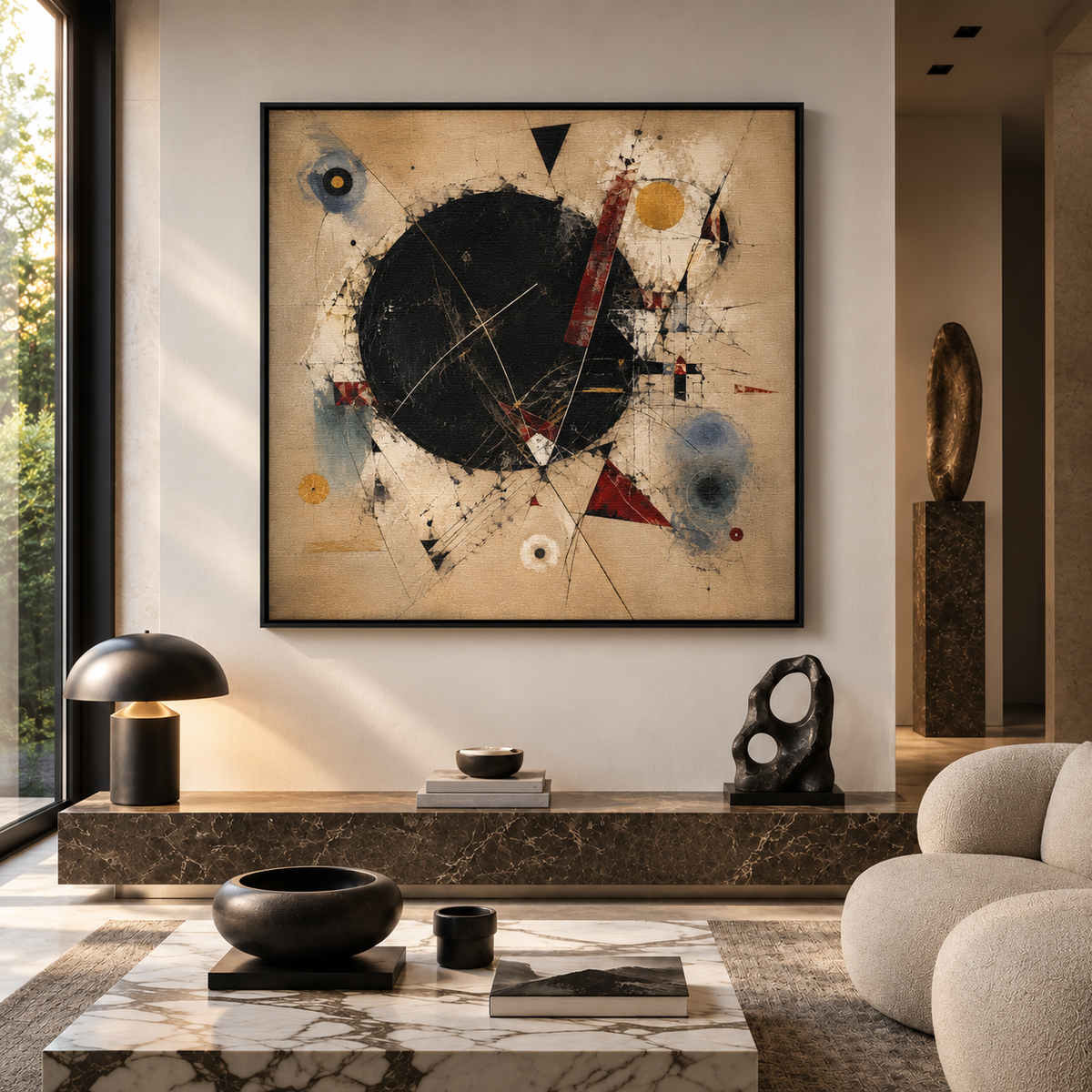 Black Rhythm in Linen and Gold — black floating frame mockup