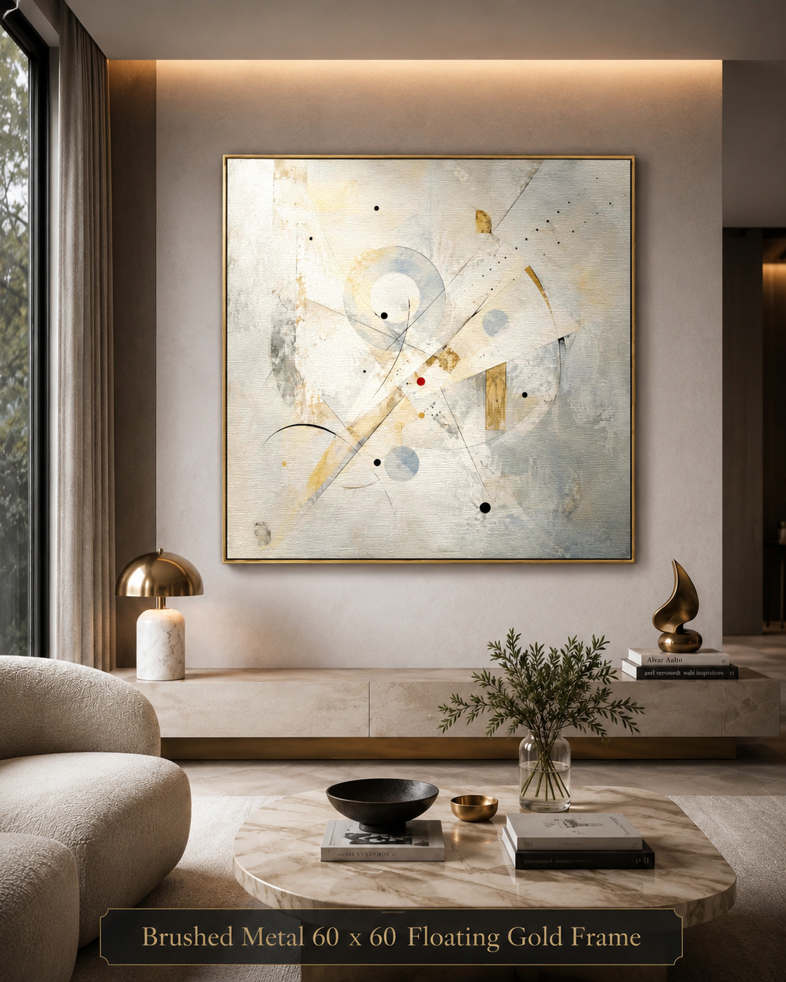 Abstract wall art in a brushed gold floating frame, displayed in a modern living room setting. The artwork features abstract geometric patterns in cream, gold, and light blue.