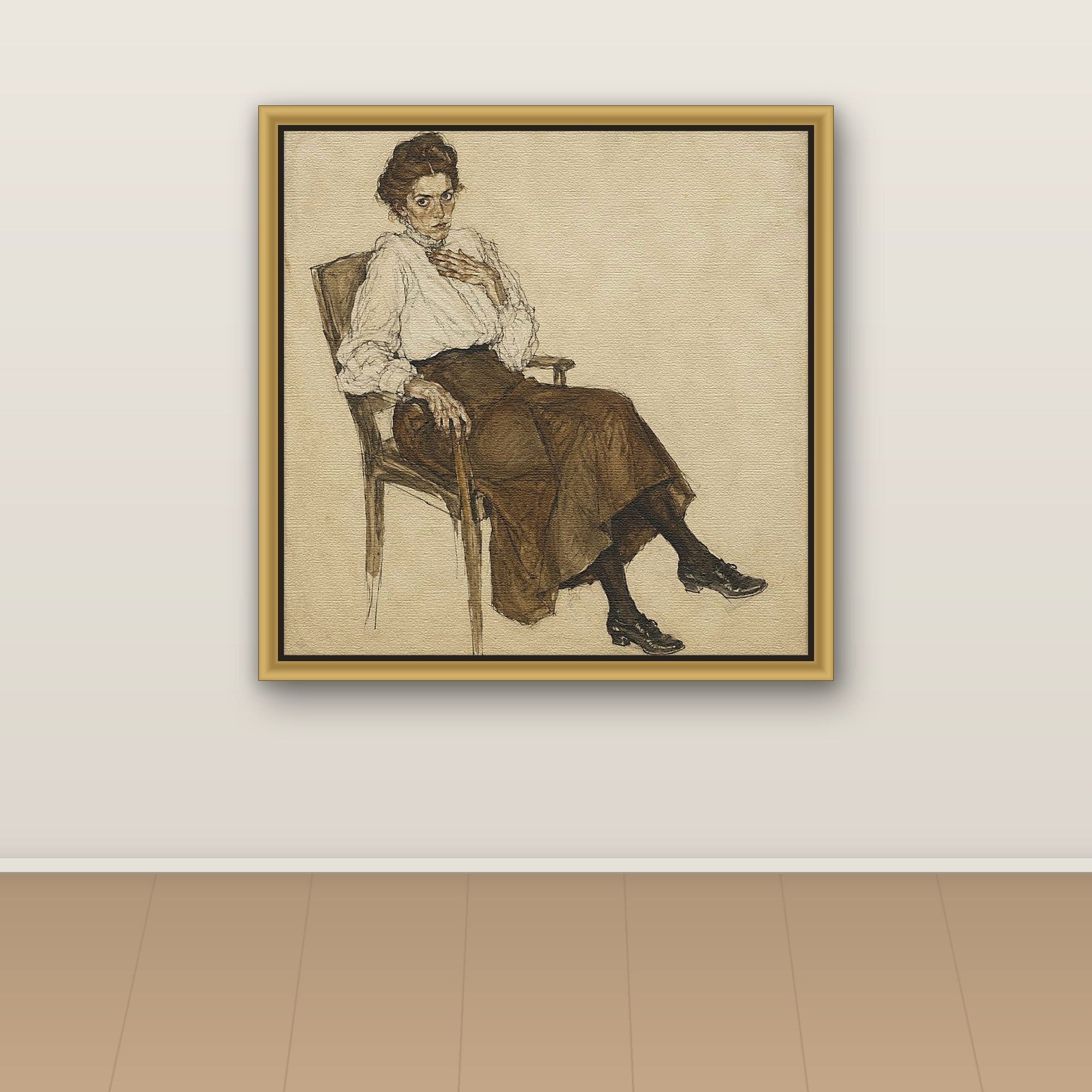 Wary Woman in a Wooden Armchair