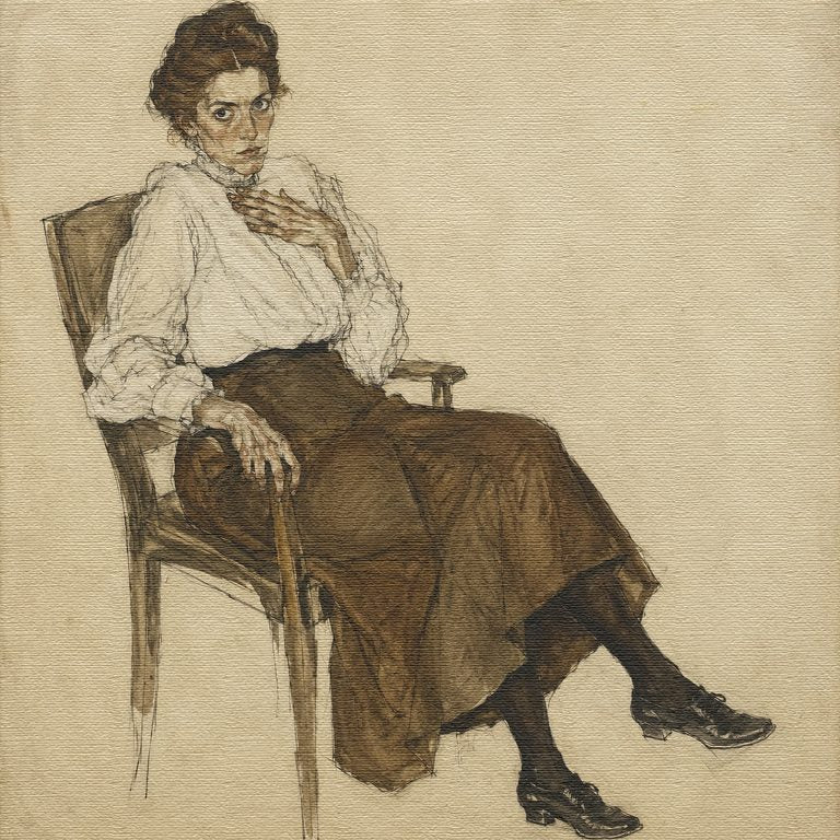 Wary Woman in a Wooden Armchair