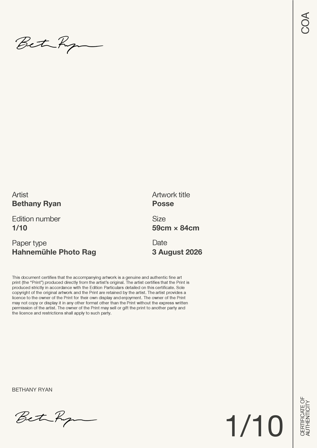 Posse — Certificate of Authenticity