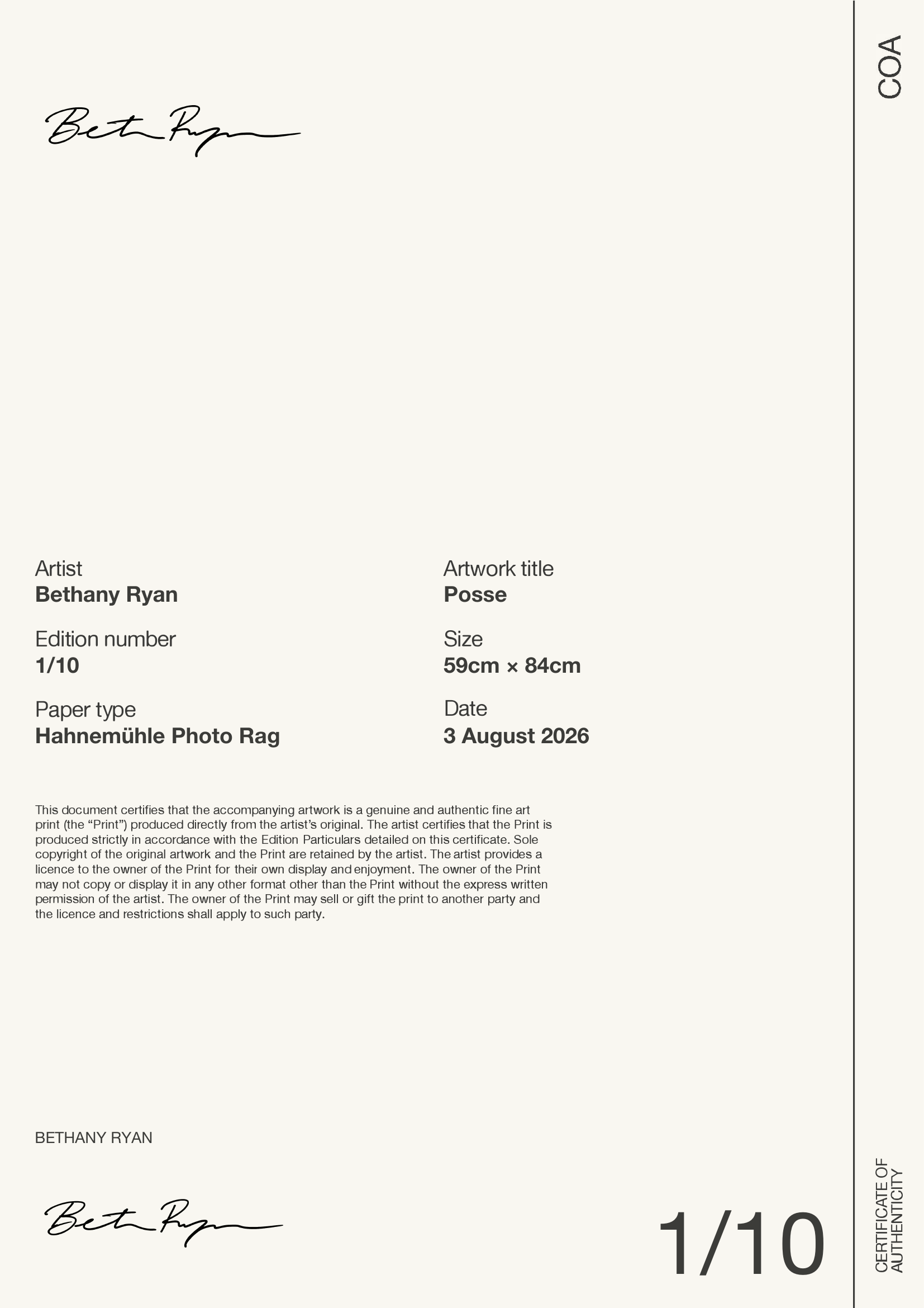 Posse — Certificate of Authenticity
